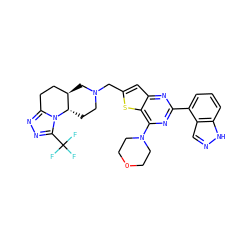 FC(F)(F)c1nnc2n1[C@H]1CCN(Cc3cc4nc(-c5cccc6[nH]ncc56)nc(N5CCOCC5)c4s3)C[C@@H]1CC2 ZINC001772579186