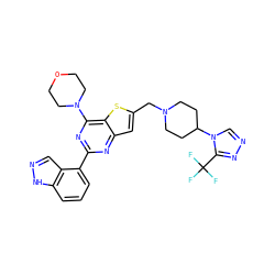 FC(F)(F)c1nncn1C1CCN(Cc2cc3nc(-c4cccc5[nH]ncc45)nc(N4CCOCC4)c3s2)CC1 ZINC001772576535