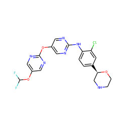 FC(F)Oc1cnc(Oc2cnc(Nc3ccc([C@@H]4CNCCO4)cc3Cl)nc2)nc1 ZINC000149979338