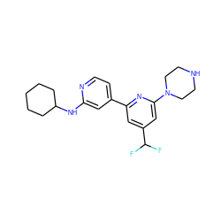 FC(F)c1cc(-c2ccnc(NC3CCCCC3)c2)nc(N2CCNCC2)c1 ZINC000058574686