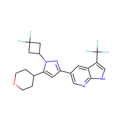 FC1(F)CC(n2nc(-c3cnc4[nH]cc(C(F)(F)F)c4c3)cc2C2CCOCC2)C1 ZINC000146511509