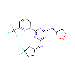 FC1(F)CC[C@@H](Nc2nc(N[C@@H]3CCOC3)nc(-c3cccc(C(F)(F)F)n3)n2)C1 ZINC000223150722