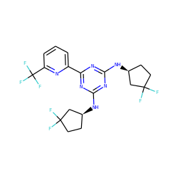 FC1(F)CC[C@H](Nc2nc(N[C@H]3CCC(F)(F)C3)nc(-c3cccc(C(F)(F)F)n3)n2)C1 ZINC000222825555