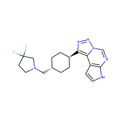 FC1(F)CCN(C[C@H]2CC[C@H](c3nnn4cnc5[nH]ccc5c34)CC2)C1 ZINC001772637551