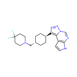 FC1(F)CCN(C[C@H]2CC[C@H](c3nnn4cnc5[nH]ccc5c34)CC2)CC1 ZINC001772639265