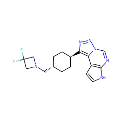 FC1(F)CN(C[C@H]2CC[C@H](c3nnn4cnc5[nH]ccc5c34)CC2)C1 ZINC001772642309