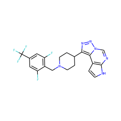 Fc1cc(C(F)(F)F)cc(F)c1CN1CCC(c2nnn3cnc4[nH]ccc4c23)CC1 ZINC001772636755