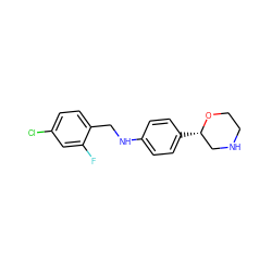 Fc1cc(Cl)ccc1CNc1ccc([C@H]2CNCCO2)cc1 ZINC000149914949