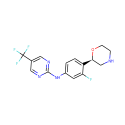 Fc1cc(Nc2ncc(C(F)(F)F)cn2)ccc1[C@@H]1CNCCO1 ZINC000149967594