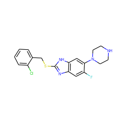 Fc1cc2nc(SCc3ccccc3Cl)[nH]c2cc1N1CCNCC1 ZINC000029050619