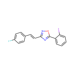 Fc1ccc(/C=C/c2noc(-c3ccccc3I)n2)cc1 ZINC000072134871