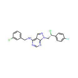 Fc1ccc([C@@H](Cl)Cn2ncc3c(NCc4cccc(Cl)c4)ncnc32)cc1 ZINC000029136310