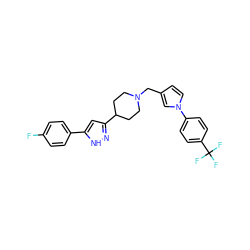 Fc1ccc(-c2cc(C3CCN(Cc4ccn(-c5ccc(C(F)(F)F)cc5)c4)CC3)n[nH]2)cc1 ZINC000040847750