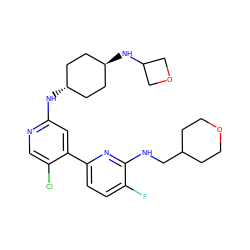 Fc1ccc(-c2cc(N[C@H]3CC[C@H](NC4COC4)CC3)ncc2Cl)nc1NCC1CCOCC1 ZINC000261102733