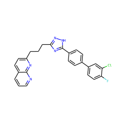 Fc1ccc(-c2ccc(-c3nc(CCCc4ccc5cccnc5n4)n[nH]3)cc2)cc1Cl ZINC000095574855