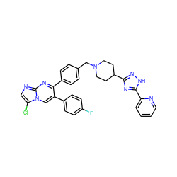 Fc1ccc(-c2cn3c(Cl)cnc3nc2-c2ccc(CN3CCC(c4n[nH]c(-c5ccccn5)n4)CC3)cc2)cc1 ZINC000167078273