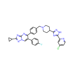 Fc1ccc(-c2cn3nc(C4CC4)nc3nc2-c2ccc(CN3CCC(c4n[nH]c(-c5cc(Cl)ccn5)n4)CC3)cc2)cc1 ZINC000166788173