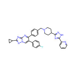 Fc1ccc(-c2cn3nc(C4CC4)nc3nc2-c2ccc(CN3CCC(c4n[nH]c(-c5ccccn5)n4)CC3)cc2)cc1 ZINC000166834546