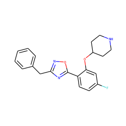 Fc1ccc(-c2nc(Cc3ccccc3)no2)c(OC2CCNCC2)c1 ZINC000225206047