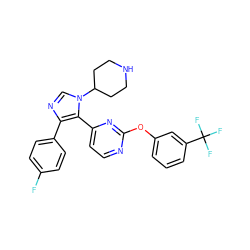 Fc1ccc(-c2ncn(C3CCNCC3)c2-c2ccnc(Oc3cccc(C(F)(F)F)c3)n2)cc1 ZINC000034753281