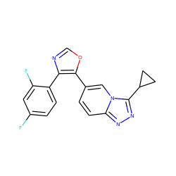 Fc1ccc(-c2ncoc2-c2ccc3nnc(C4CC4)n3c2)c(F)c1 ZINC000003948885