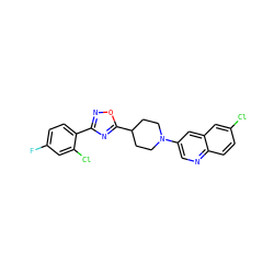 Fc1ccc(-c2noc(C3CCN(c4cnc5ccc(Cl)cc5c4)CC3)n2)c(Cl)c1 ZINC000040878376