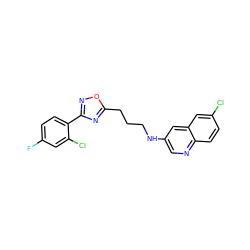 Fc1ccc(-c2noc(CCCNc3cnc4ccc(Cl)cc4c3)n2)c(Cl)c1 ZINC000040972907