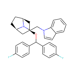 Fc1ccc(C(O[C@@H]2C[C@@H]3CC[C@H](C2)N3CCn2ccc3ccccc32)c2ccc(F)cc2)cc1 ZINC000103224260