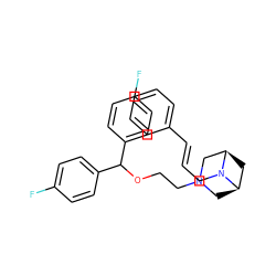 Fc1ccc(C(OCCN2C[C@@H]3C[C@H](C2)N3C/C=C/c2ccccc2)c2ccc(F)cc2)cc1 ZINC000028713796