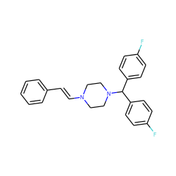 Fc1ccc(C(c2ccc(F)cc2)N2CCN(/C=C/c3ccccc3)CC2)cc1 ZINC000049933184