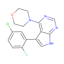 Fc1ccc(Cl)cc1-c1c[nH]c2ncnc(N3CCOCC3)c12 ZINC000210733176