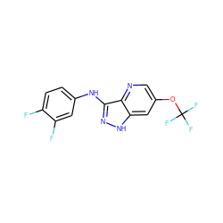 Fc1ccc(Nc2n[nH]c3cc(OC(F)(F)F)cnc23)cc1F ZINC001772573512