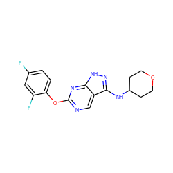 Fc1ccc(Oc2ncc3c(NC4CCOCC4)n[nH]c3n2)c(F)c1 ZINC000058631439