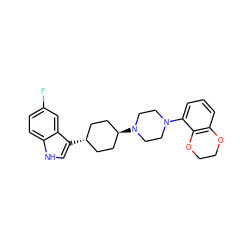 Fc1ccc2[nH]cc([C@H]3CC[C@H](N4CCN(c5cccc6c5OCCO6)CC4)CC3)c2c1 ZINC000101030943