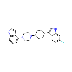 Fc1ccc2c(c1)[nH]cc2[C@H]1CC[C@H](N2CCN(c3cccc4[nH]ccc34)CC2)CC1 ZINC000101182320