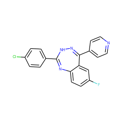 Fc1ccc2c(c1)C(c1ccncc1)=NNC(c1ccc(Cl)cc1)=N2 ZINC000006444804