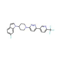 Fc1ccc2ccn(C3CCN(c4ccc(-c5ccc(C(F)(F)F)nc5)nn4)CC3)c2c1 ZINC001772652177