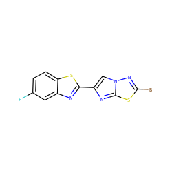 Fc1ccc2sc(-c3cn4nc(Br)sc4n3)nc2c1 ZINC000653686458