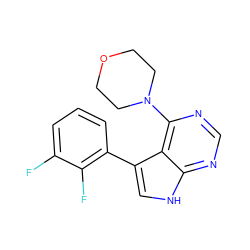 Fc1cccc(-c2c[nH]c3ncnc(N4CCOCC4)c23)c1F ZINC000210733227