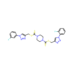 Fc1cccc(-n2cc(CSC(=S)N3CCN(C(=S)SCc4cn(-c5ccccc5F)nn4)CC3)nn2)c1 ZINC001772628243