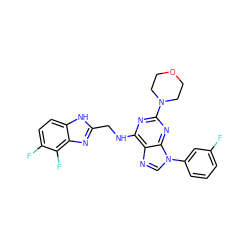 Fc1cccc(-n2cnc3c(NCc4nc5c(F)c(F)ccc5[nH]4)nc(N4CCOCC4)nc32)c1 ZINC000202060564