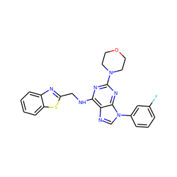 Fc1cccc(-n2cnc3c(NCc4nc5ccccc5s4)nc(N4CCOCC4)nc32)c1 ZINC000208947779