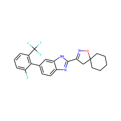 Fc1cccc(C(F)(F)F)c1-c1ccc2nc(C3=NOC4(CCCCC4)C3)[nH]c2c1 ZINC000066113411