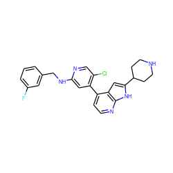 Fc1cccc(CNc2cc(-c3ccnc4[nH]c(C5CCNCC5)cc34)c(Cl)cn2)c1 ZINC000226087254