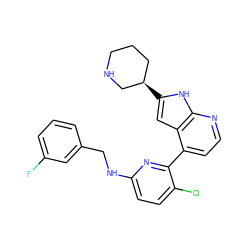 Fc1cccc(CNc2ccc(Cl)c(-c3ccnc4[nH]c([C@@H]5CCCNC5)cc34)n2)c1 ZINC000226053905
