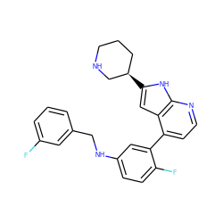 Fc1cccc(CNc2ccc(F)c(-c3ccnc4[nH]c([C@@H]5CCCNC5)cc34)c2)c1 ZINC000226062515