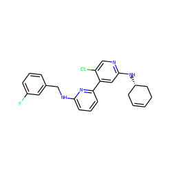 Fc1cccc(CNc2cccc(-c3cc(N[C@H]4CC=CCC4)ncc3Cl)n2)c1 ZINC000115456995