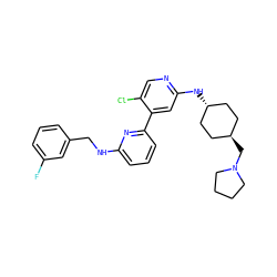 Fc1cccc(CNc2cccc(-c3cc(N[C@H]4CC[C@H](CN5CCCC5)CC4)ncc3Cl)n2)c1 ZINC000261102408