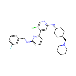 Fc1cccc(CNc2cccc(-c3cc(N[C@H]4CC[C@H](CN5CCCCC5)CC4)ncc3Cl)n2)c1 ZINC000261173527