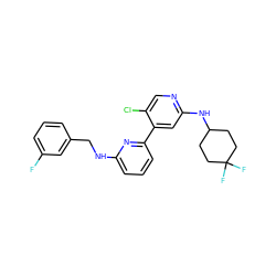 Fc1cccc(CNc2cccc(-c3cc(NC4CCC(F)(F)CC4)ncc3Cl)n2)c1 ZINC000169703749